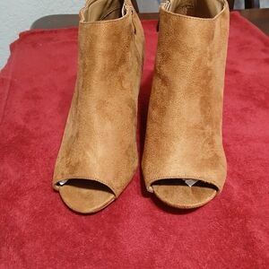 Ashley Stewart Camel Suede Peep-Toe Booties